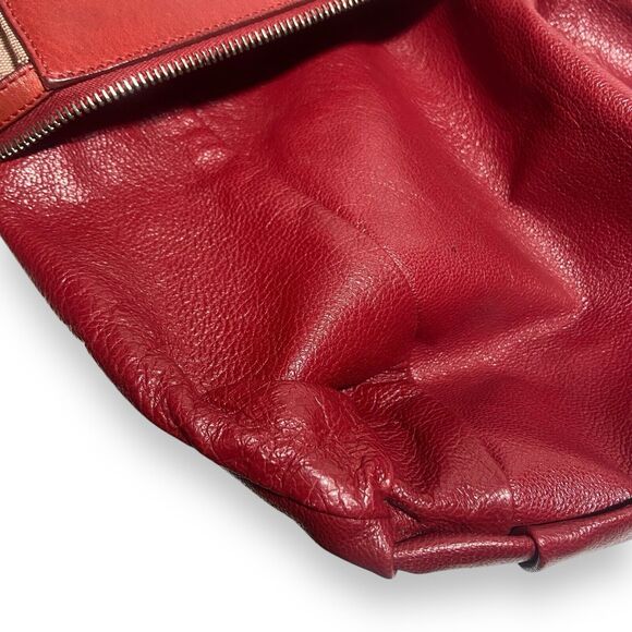 Jil Sander Shoulder Bag Red Leather & Canvas Tote Leather Lining w Keys No Lock - Picture 12 of 15